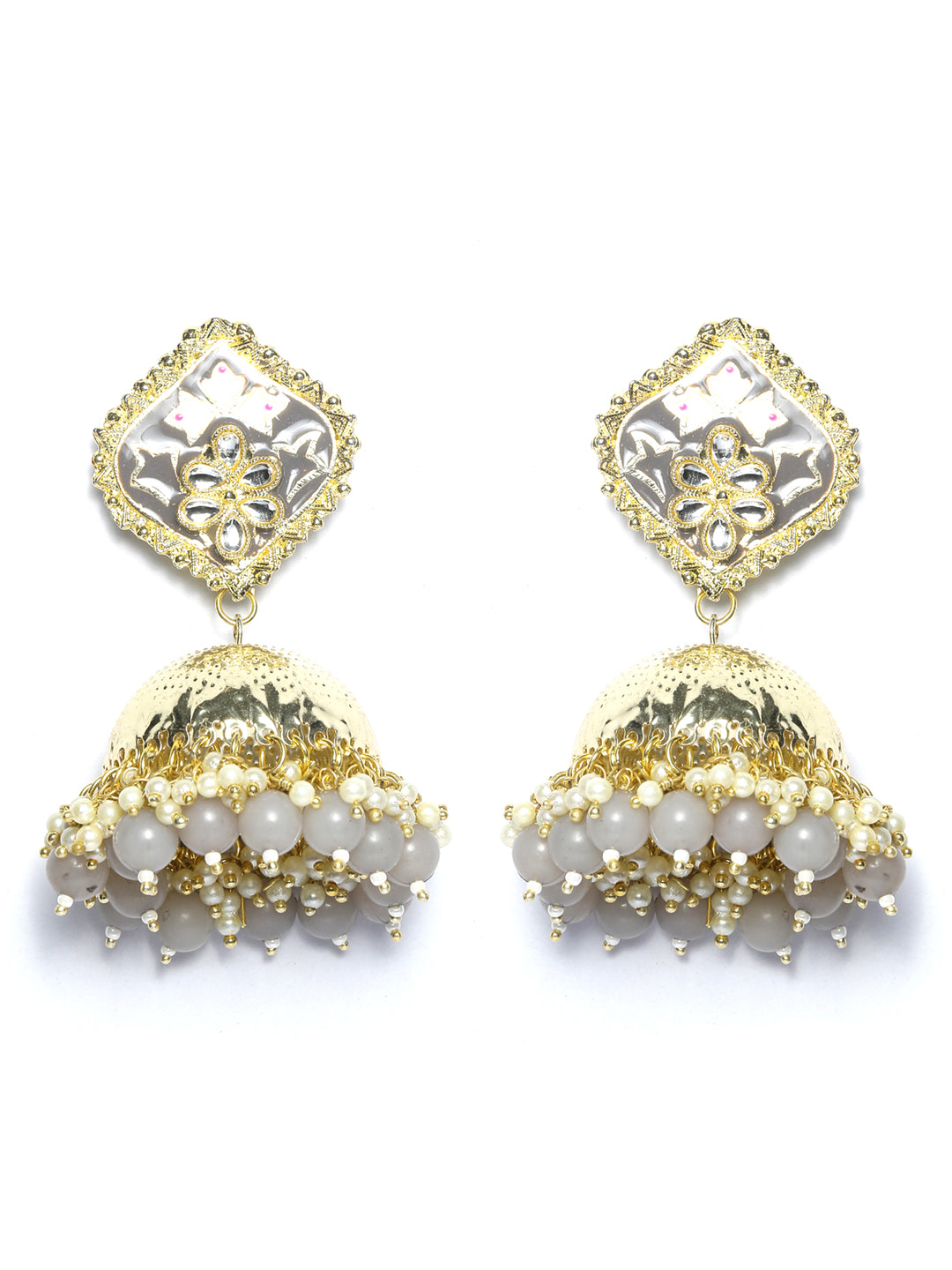 Grey Kundan Gold Plated Floral Jhumka Earrings