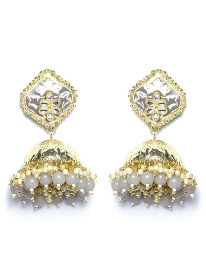 Grey Kundan Gold Plated Floral Jhumka Earrings
