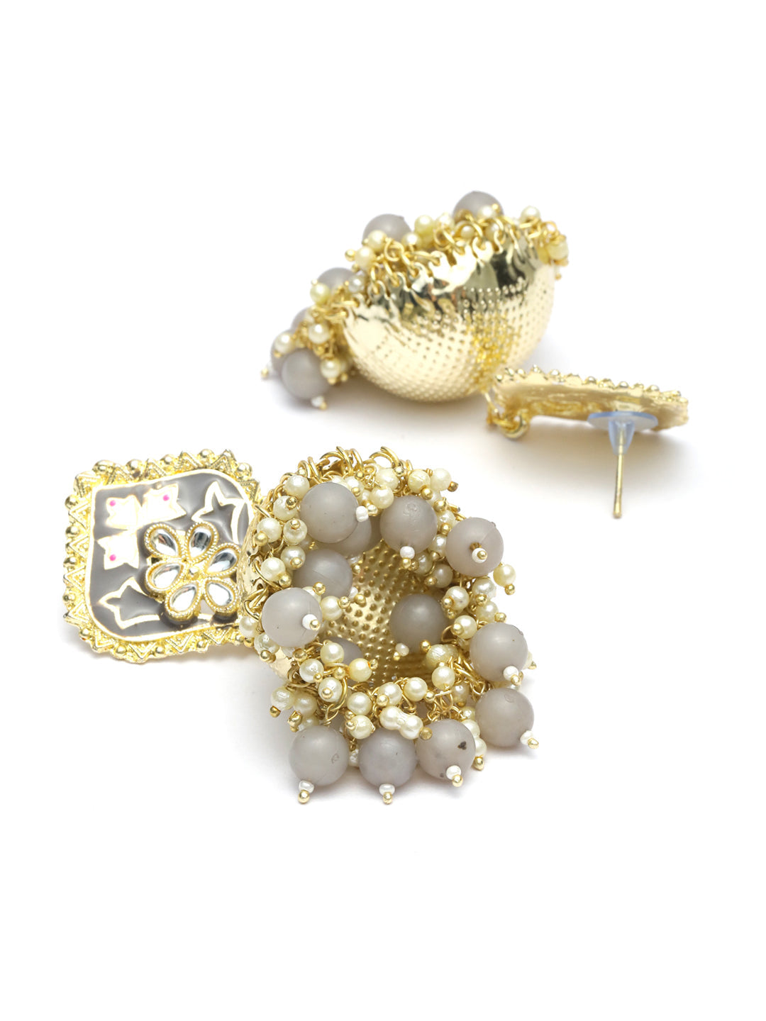 Grey Kundan Gold Plated Floral Jhumka Earrings