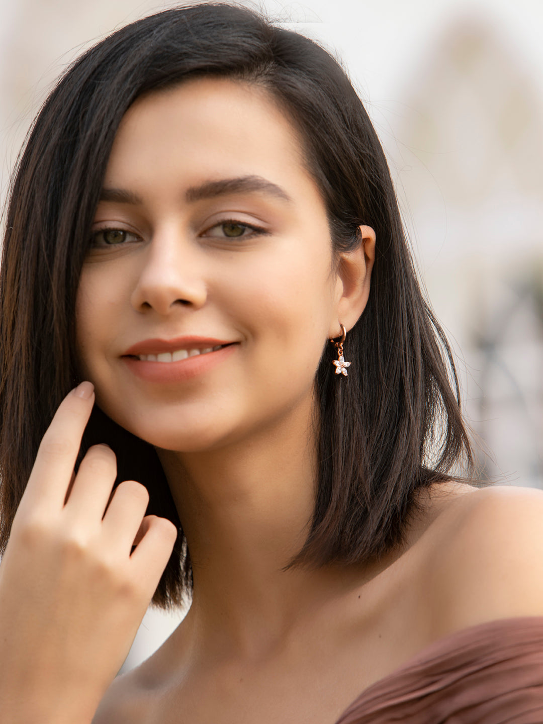 American Diamond Studded Rose Gold Floral Drop Earring
