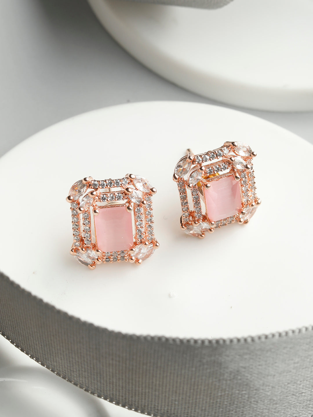 Pink American Diamond Halo Studs