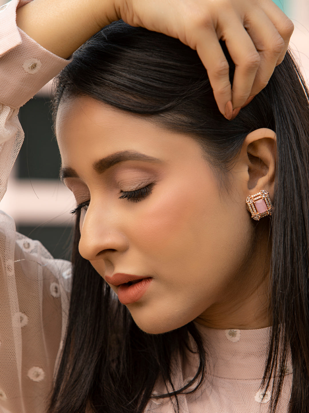 Pink American Diamond Halo Studs