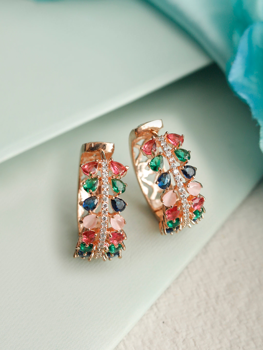 Leaf Magic-Multicolor American Diamond Rose Gold Hoop Earring