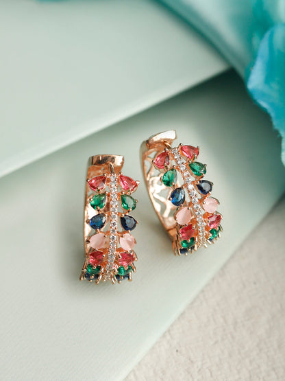 Leaf Magic-Multicolor American Diamond Rose Gold Hoop Earring