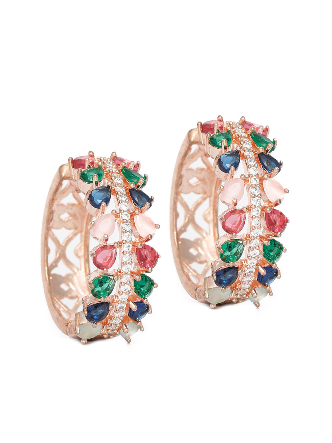 Leaf Magic-Multicolor American Diamond Rose Gold Hoop Earring