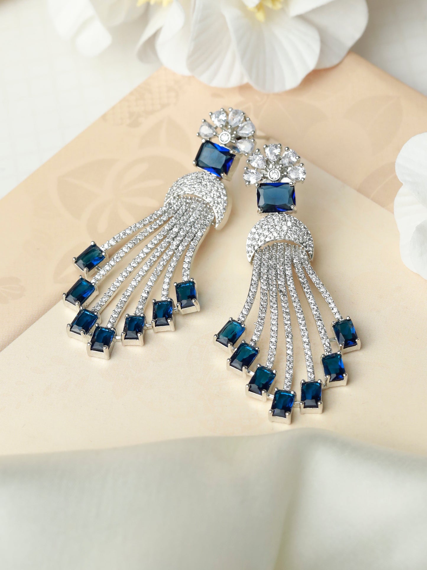 Contemporary Blue American Diamond Drop Earrings
