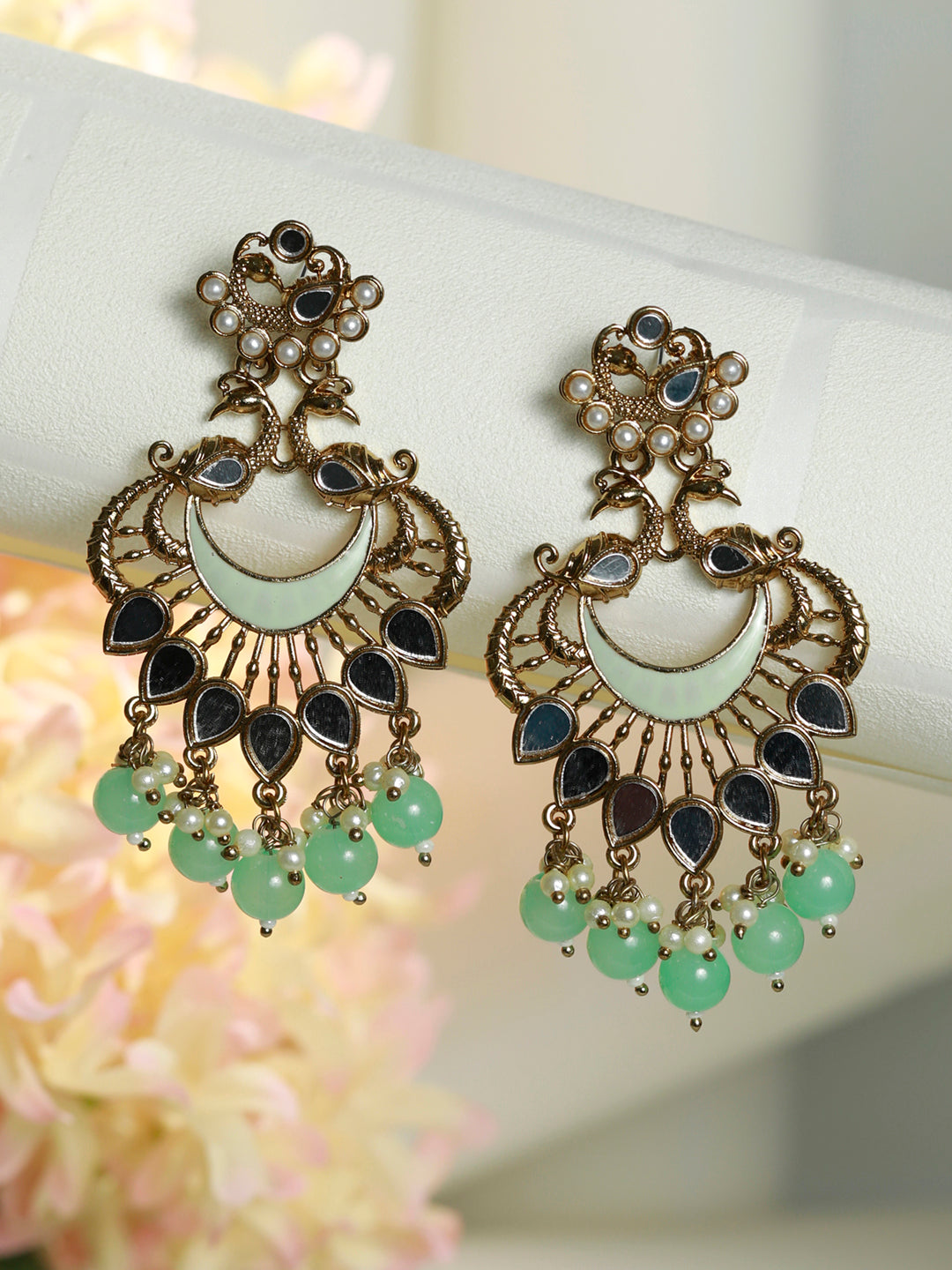 Priyaasi Mirror Studded Green Enamelled Peacock Drop Earrings