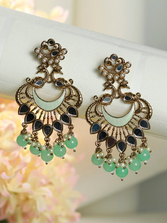 Priyaasi Mirror Studded Green Enamelled Peacock Drop Earrings