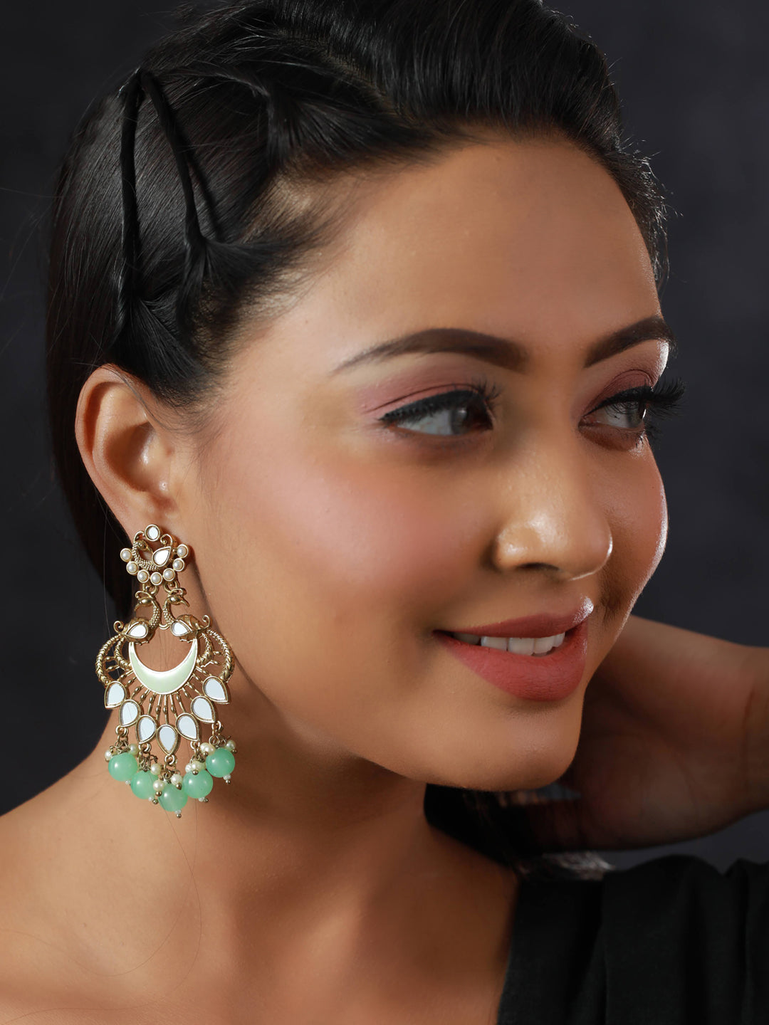 Priyaasi Mirror Studded Green Enamelled Peacock Drop Earrings