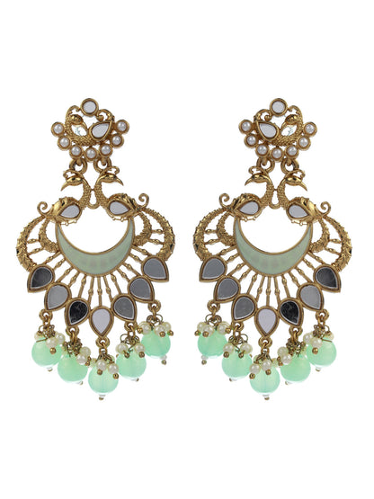 Priyaasi Mirror Studded Green Enamelled Peacock Drop Earrings