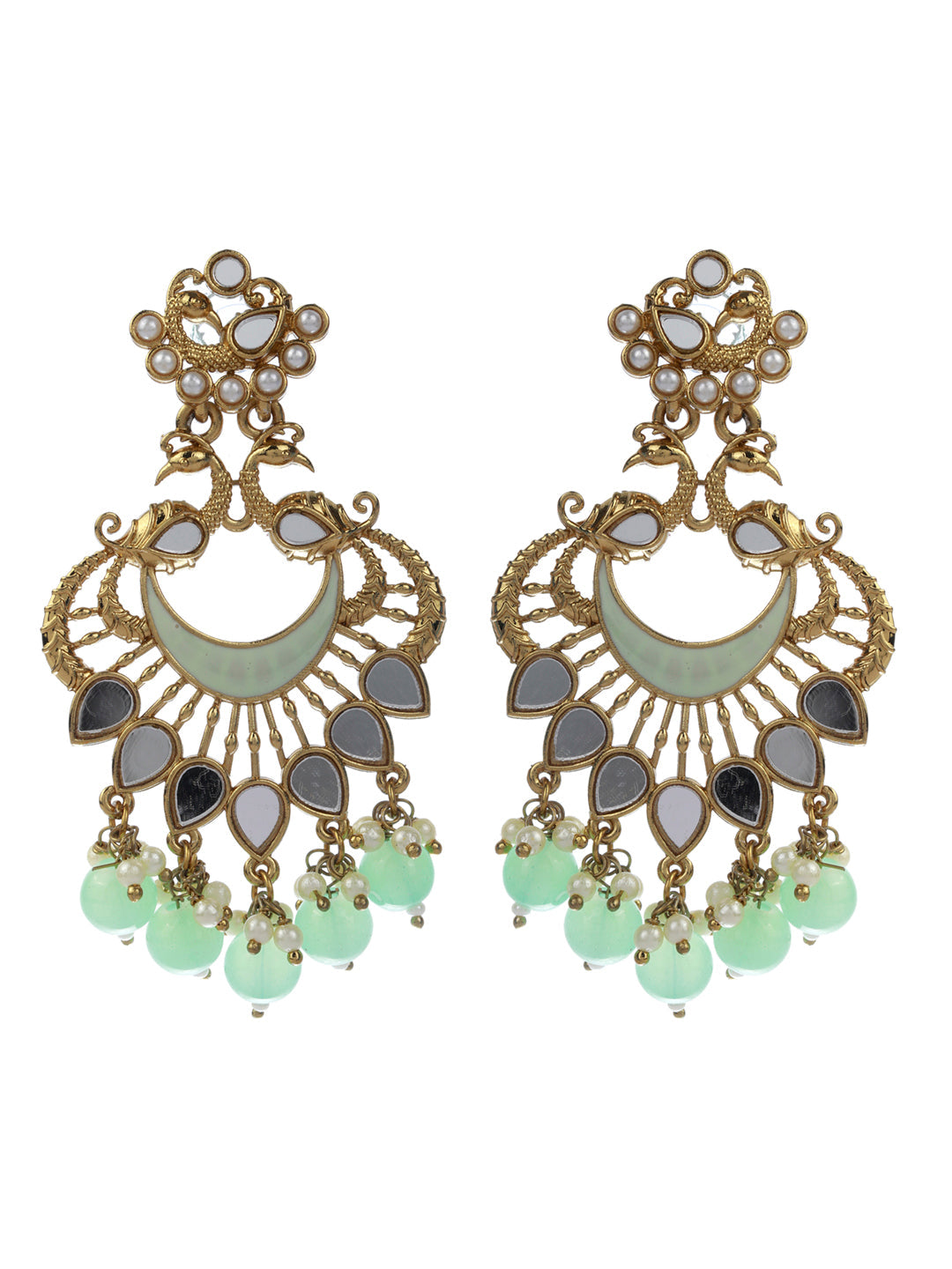 Priyaasi Mirror Studded Green Enamelled Peacock Drop Earrings