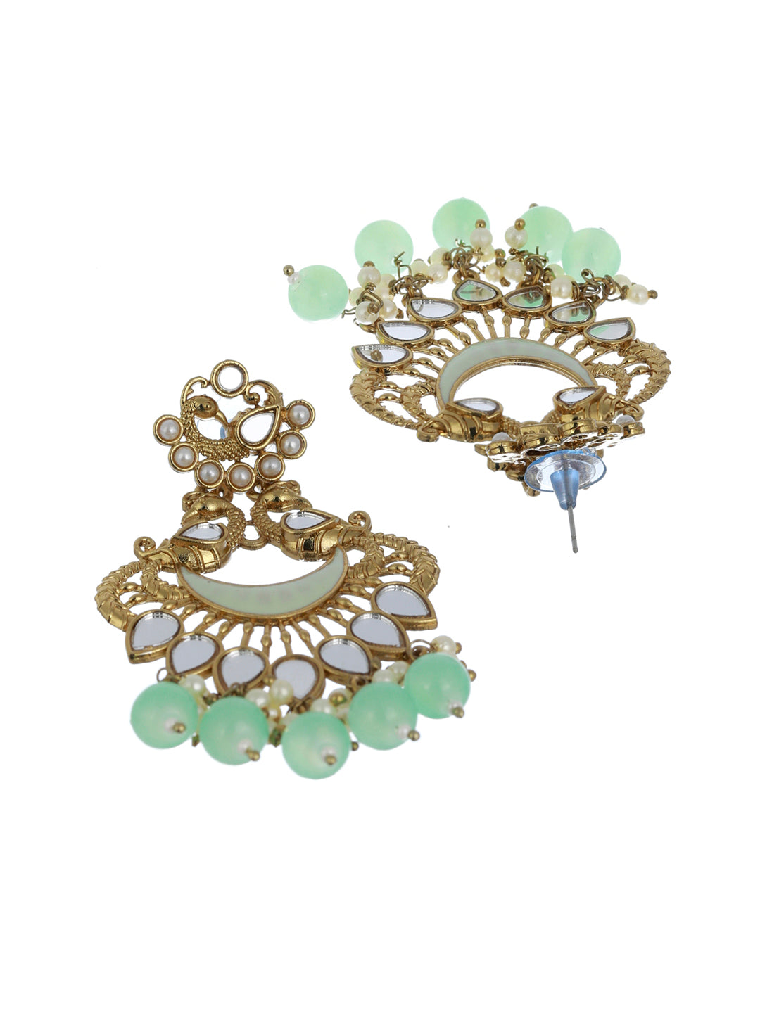 Priyaasi Mirror Studded Green Enamelled Peacock Drop Earrings