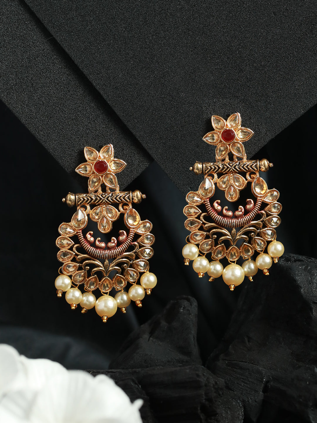 Priyaasi Floral Pearl Drop Gold Plated Earrings
