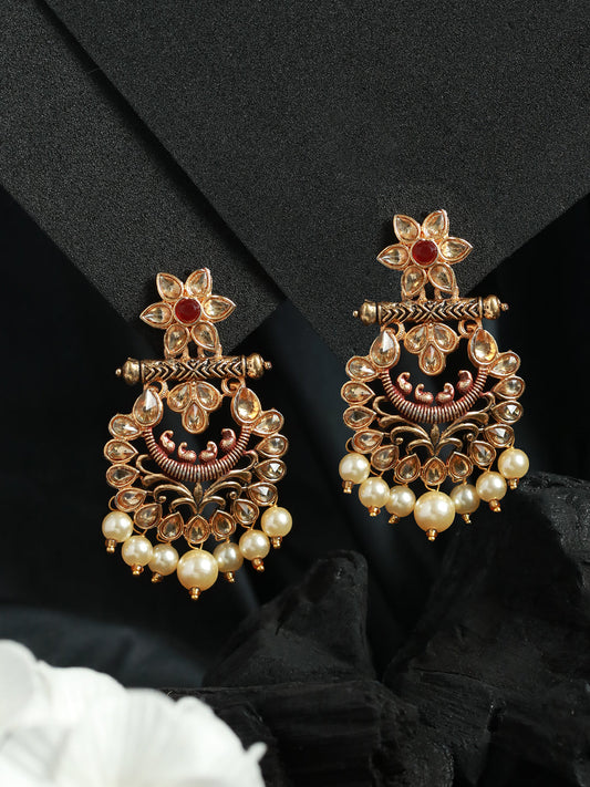 Priyaasi Floral Pearl Drop Gold Plated Earrings