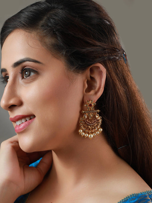 Priyaasi Floral Pearl Drop Gold Plated Earrings