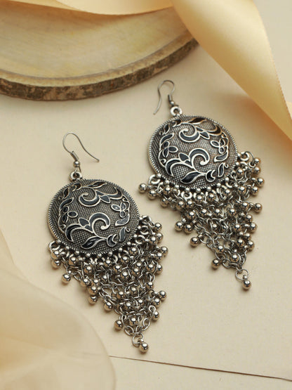 Priyaasi Floral Oxidised Silver Chunky Drop Earrings