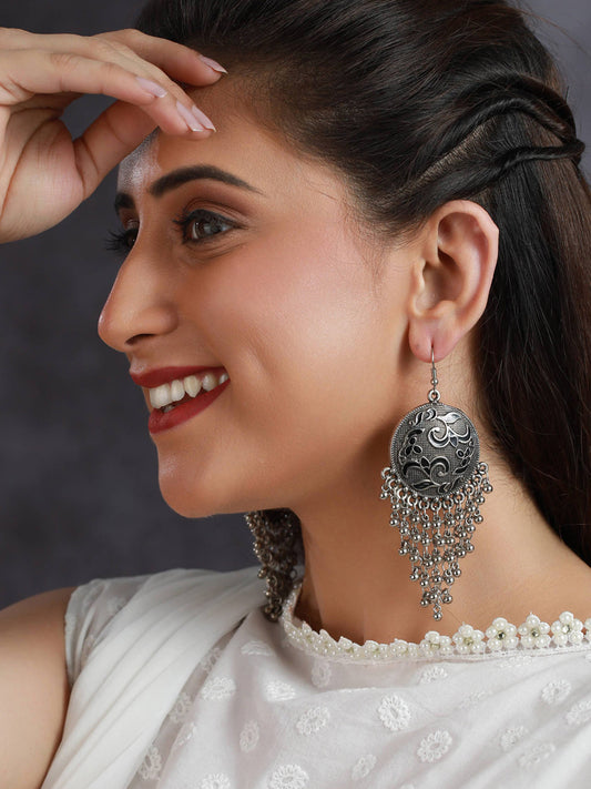 Priyaasi Floral Oxidised Silver Chunky Drop Earrings