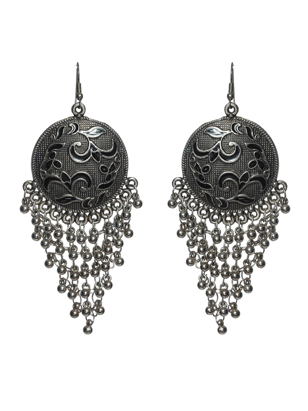 Priyaasi Floral Oxidised Silver Chunky Drop Earrings
