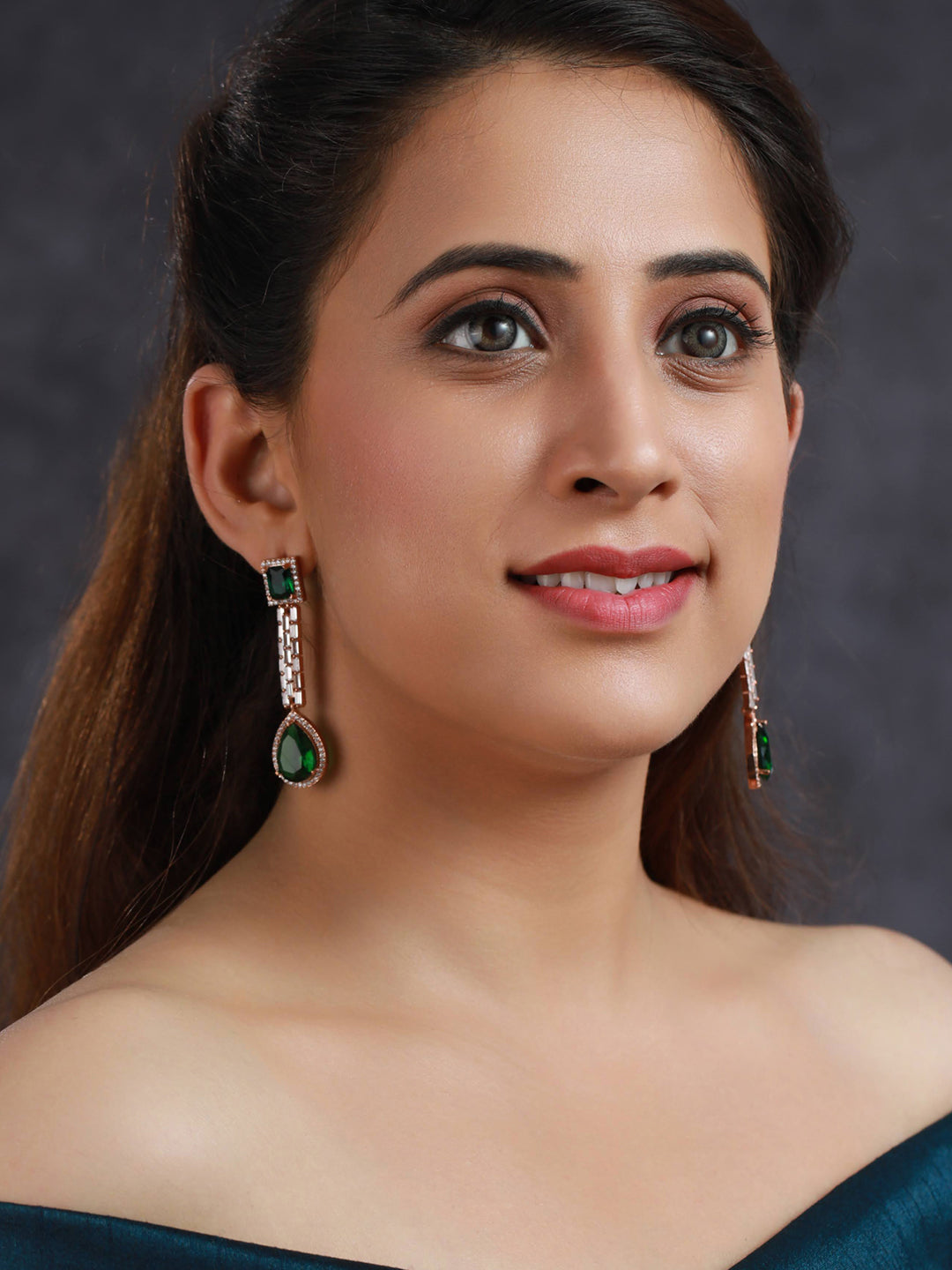Priyaasi Green AD Studded Rose Gold Plated Drop Earrings