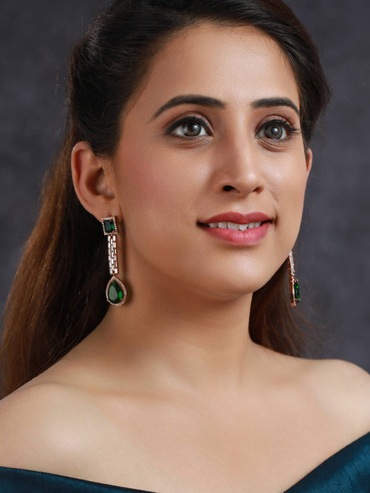 Priyaasi Green AD Studded Rose Gold Plated Drop Earrings