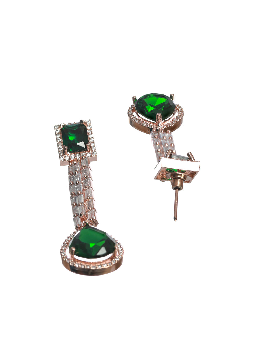 Priyaasi Green AD Studded Rose Gold Plated Drop Earrings