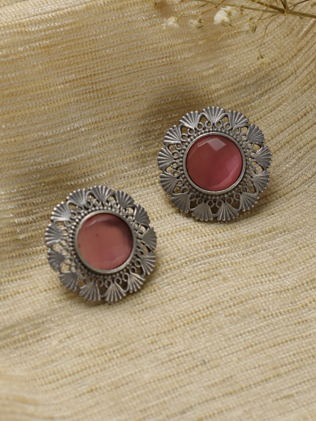 Priyaasi Pink Stone Studded Engraved Oxidised SIlver Stud Earrings