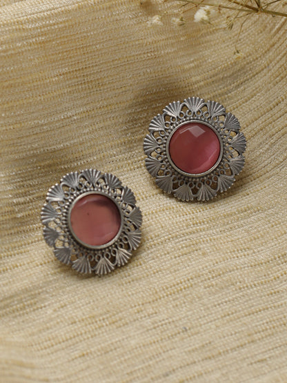 Priyaasi Pink Stone Studded Engraved Oxidised SIlver Stud Earrings