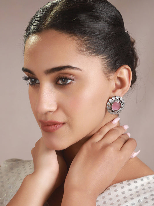 Priyaasi Pink Stone Studded Engraved Oxidised SIlver Stud Earrings