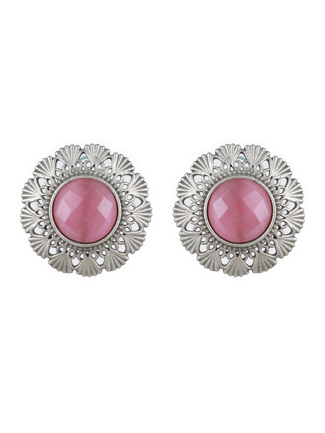 Priyaasi Pink Stone Studded Engraved Oxidised SIlver Stud Earrings