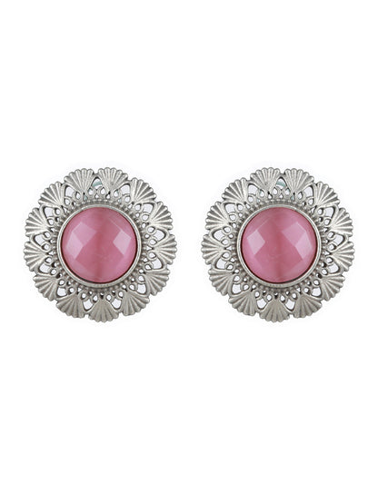 Priyaasi Pink Stone Studded Engraved Oxidised SIlver Stud Earrings