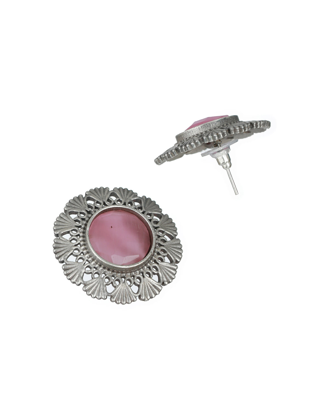 Priyaasi Pink Stone Studded Engraved Oxidised SIlver Stud Earrings