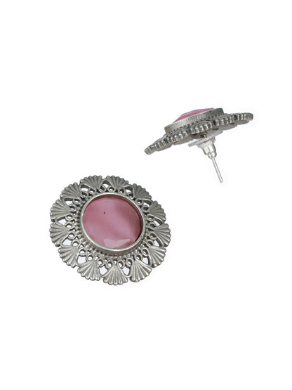 Priyaasi Pink Stone Studded Engraved Oxidised SIlver Stud Earrings