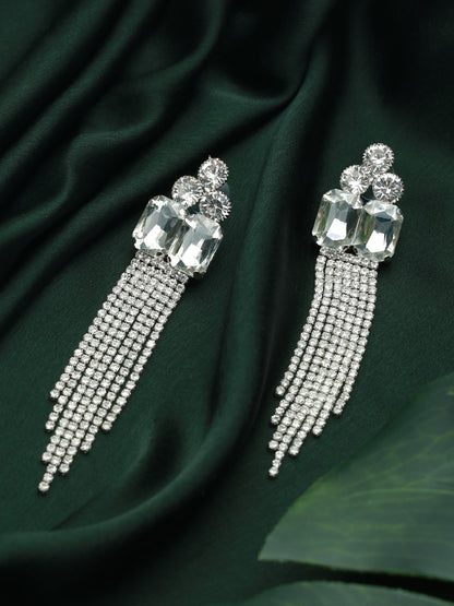Priyaasi White Floral Block Tassel Drop Earrings