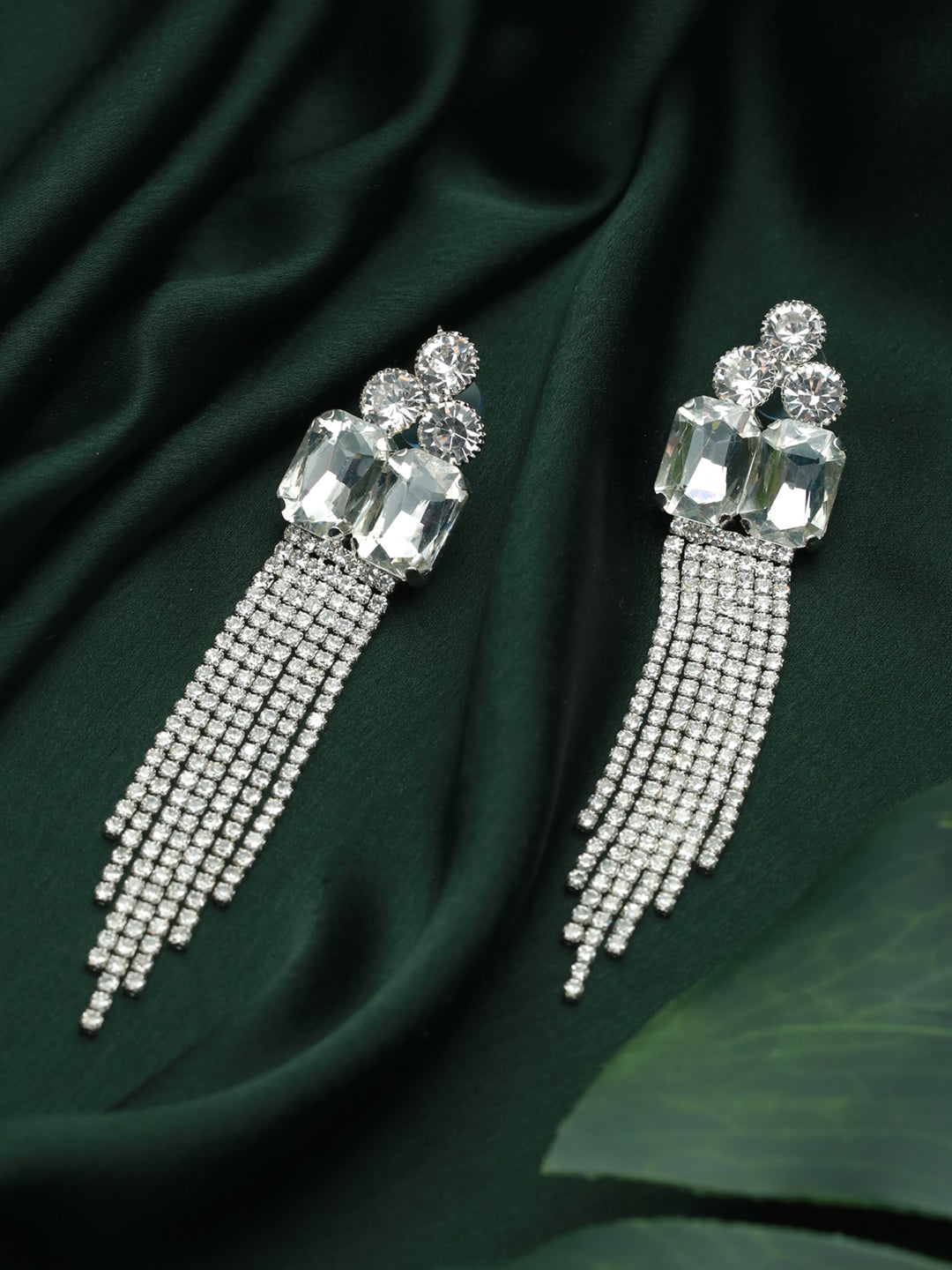 Priyaasi White Floral Block Tassel Drop Earrings