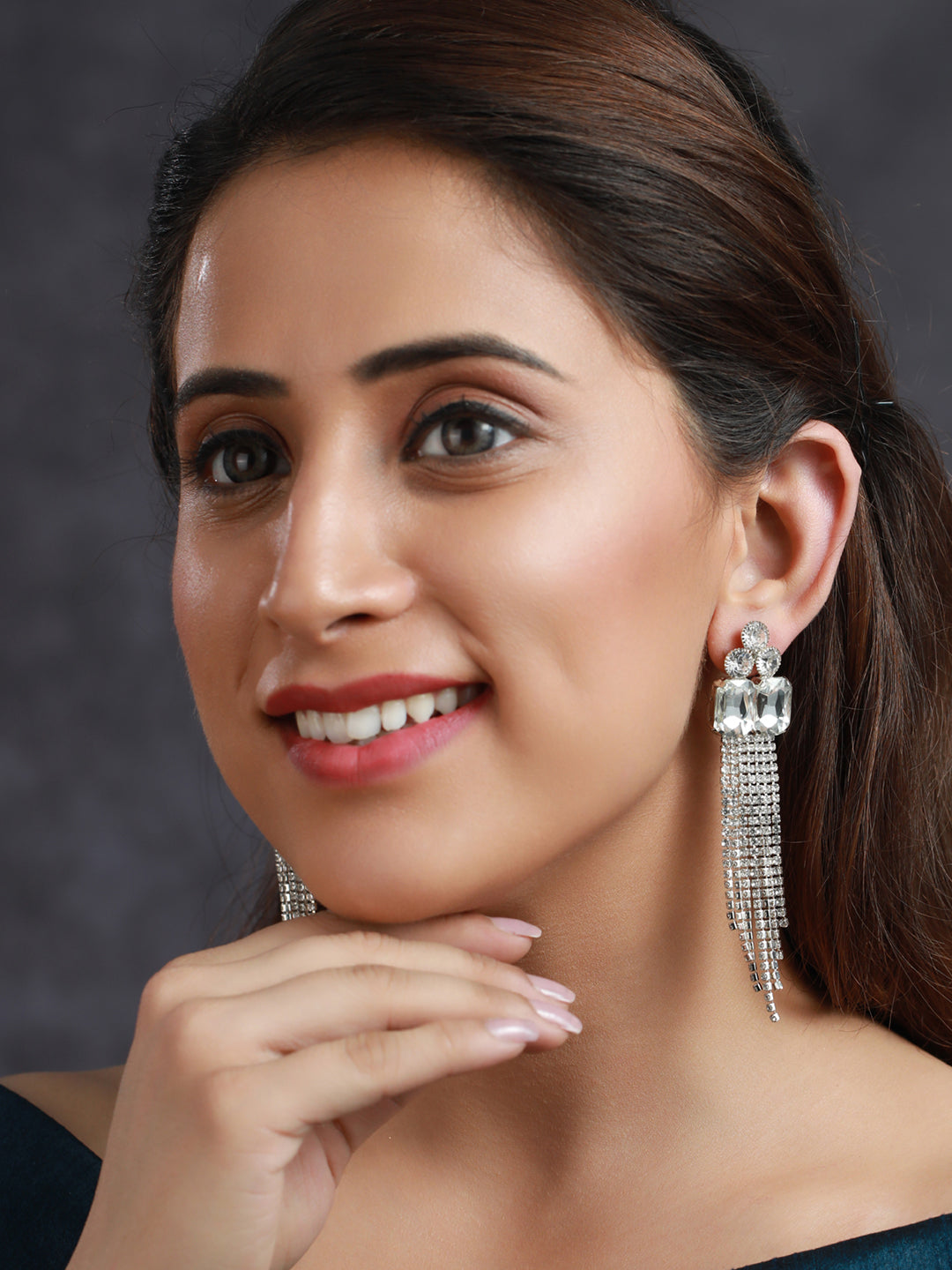 Priyaasi White Floral Block Tassel Drop Earrings