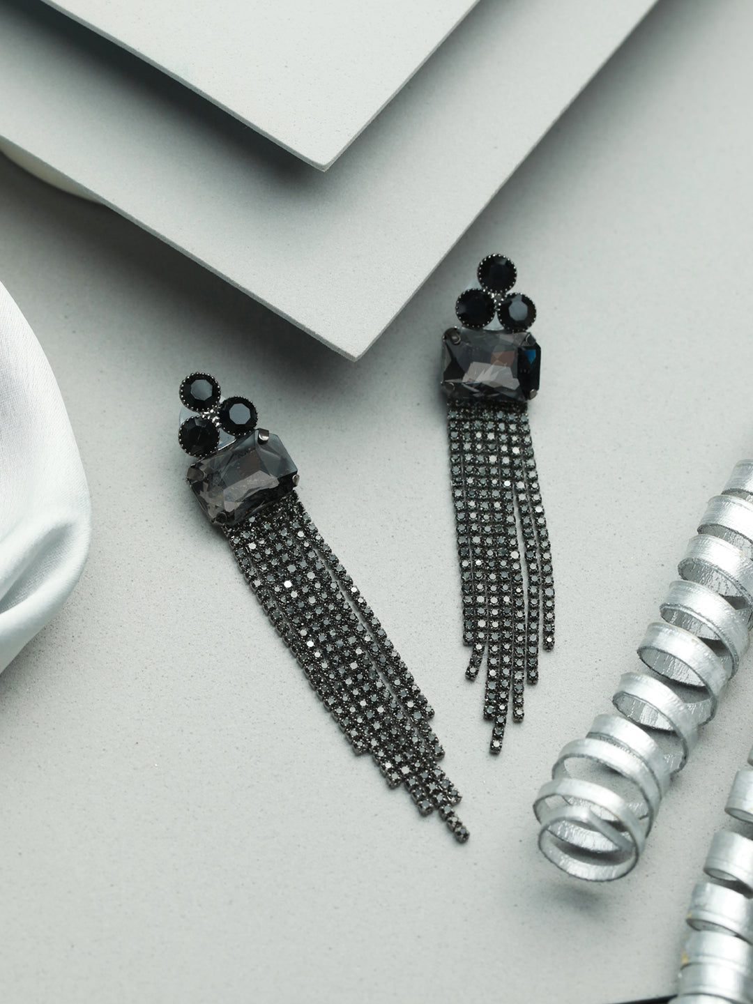 Priyaasi Black Floral Block Tassel Drop Earrings