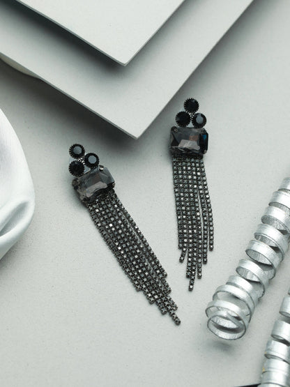 Priyaasi Black Floral Block Tassel Drop Earrings
