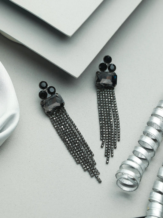 Priyaasi Black Floral Block Tassel Drop Earrings