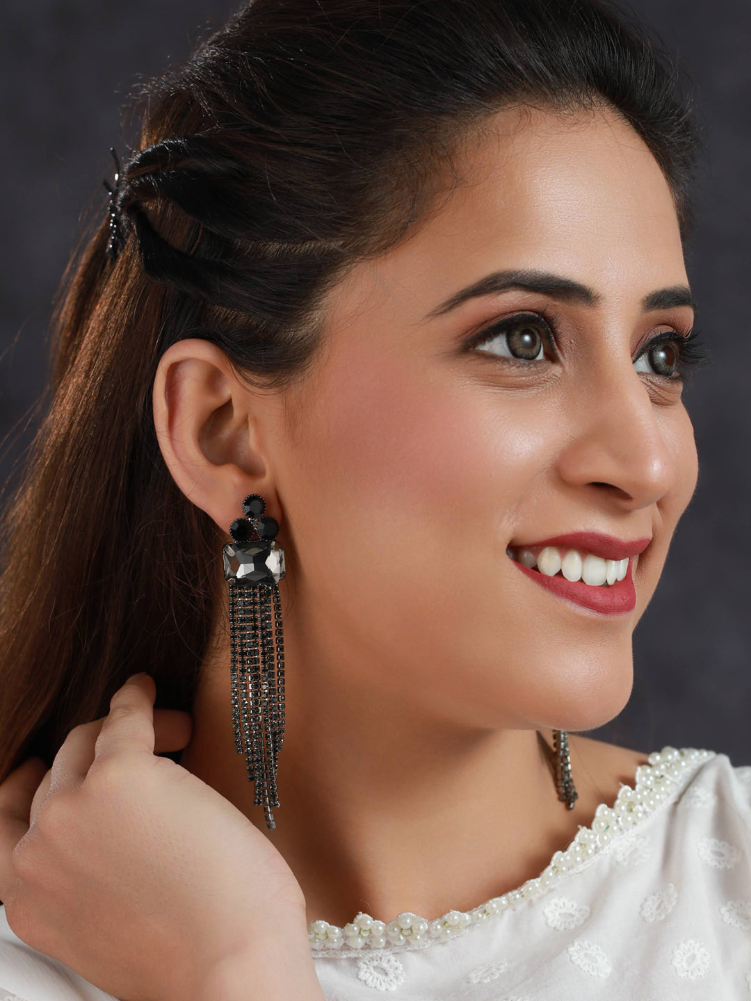 Priyaasi Black Floral Block Tassel Drop Earrings
