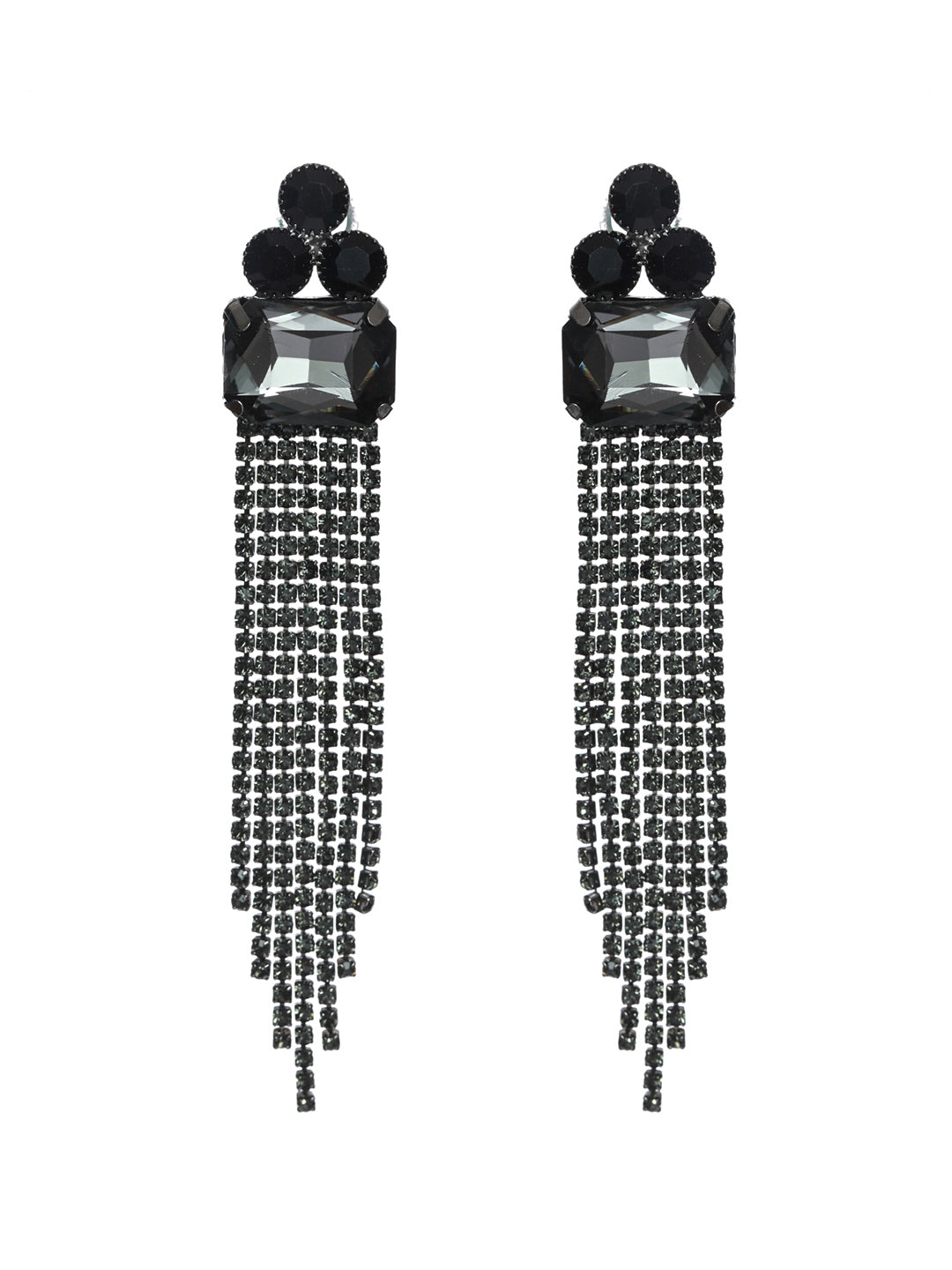 Priyaasi Black Floral Block Tassel Drop Earrings