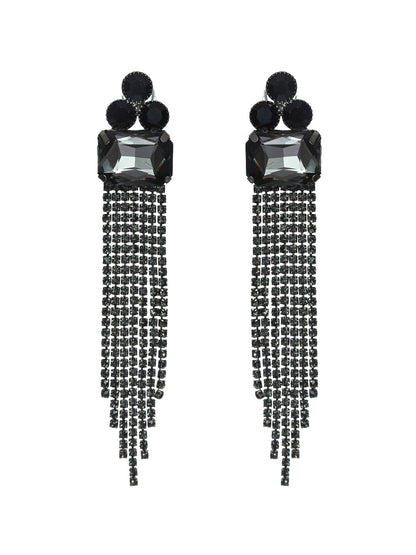 Priyaasi Black Floral Block Tassel Drop Earrings
