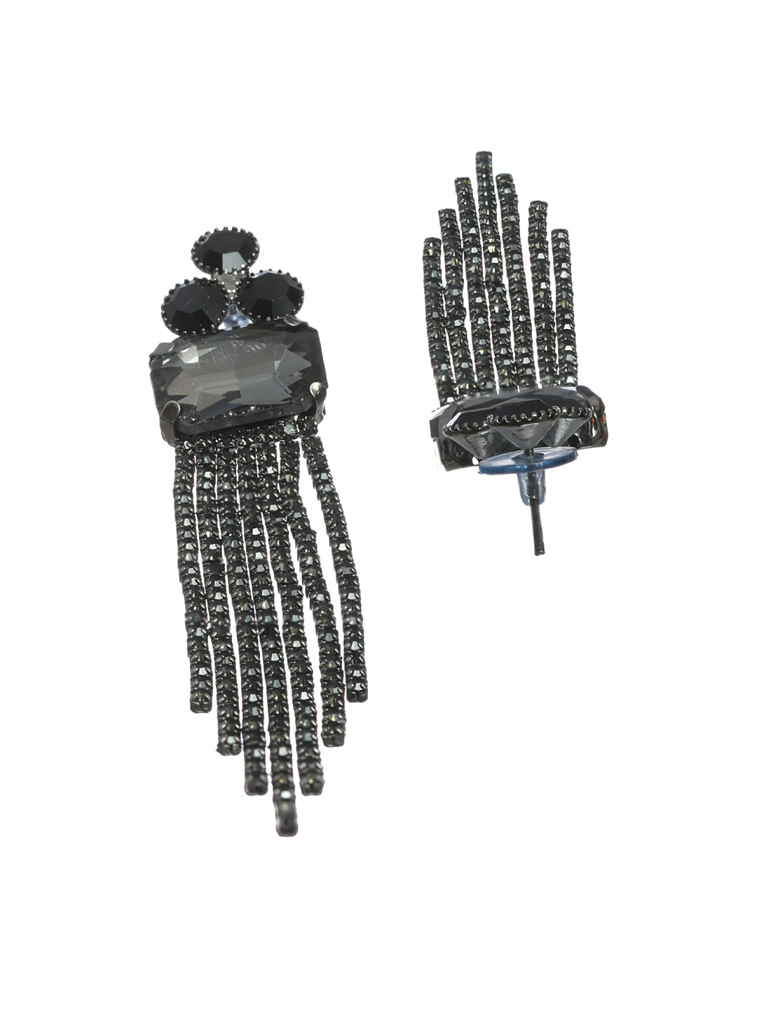 Priyaasi Black Floral Block Tassel Drop Earrings
