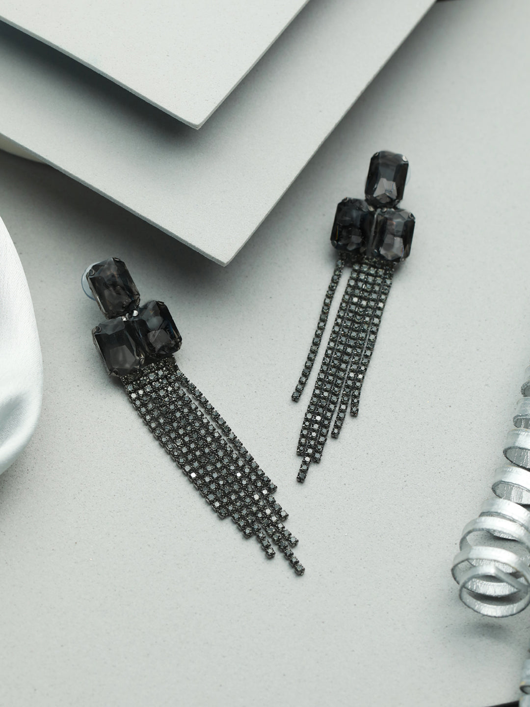 Priyaasi Black Block Tasseled Drop Earrings