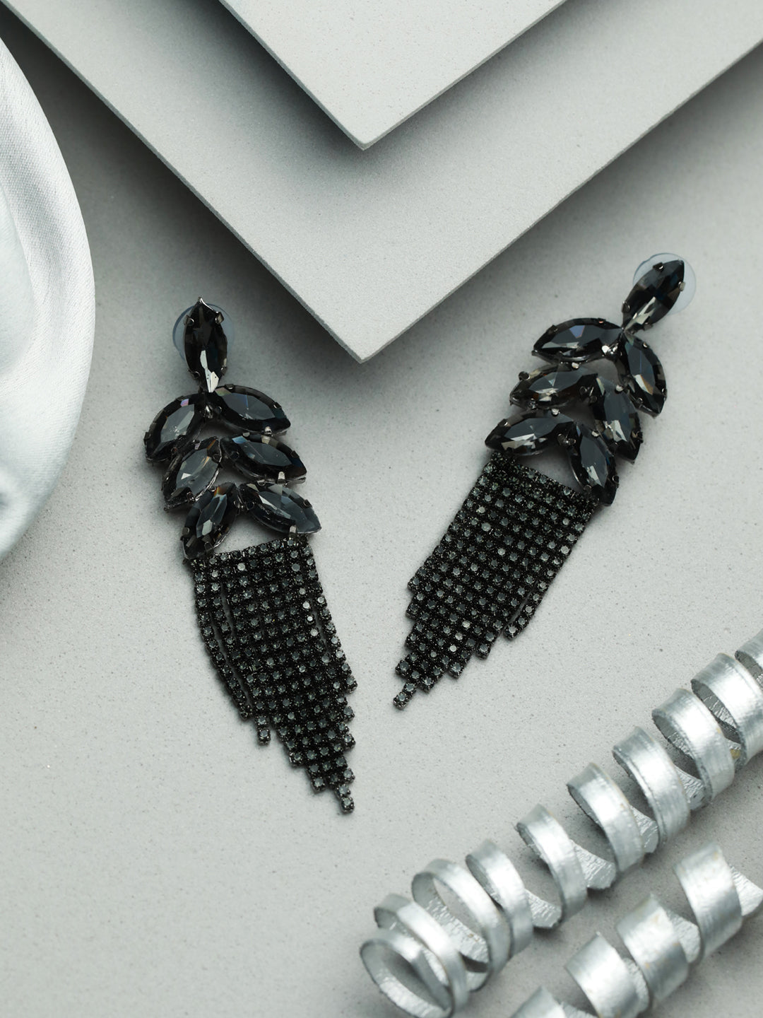 Priyaasi Black Leaf Tassel Drop Earrings
