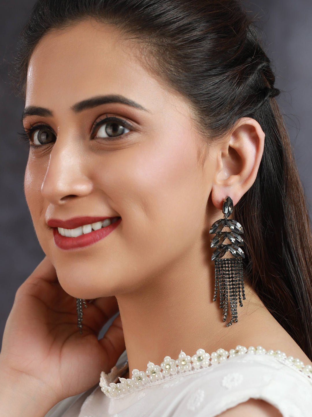 Priyaasi Black Leaf Tassel Drop Earrings
