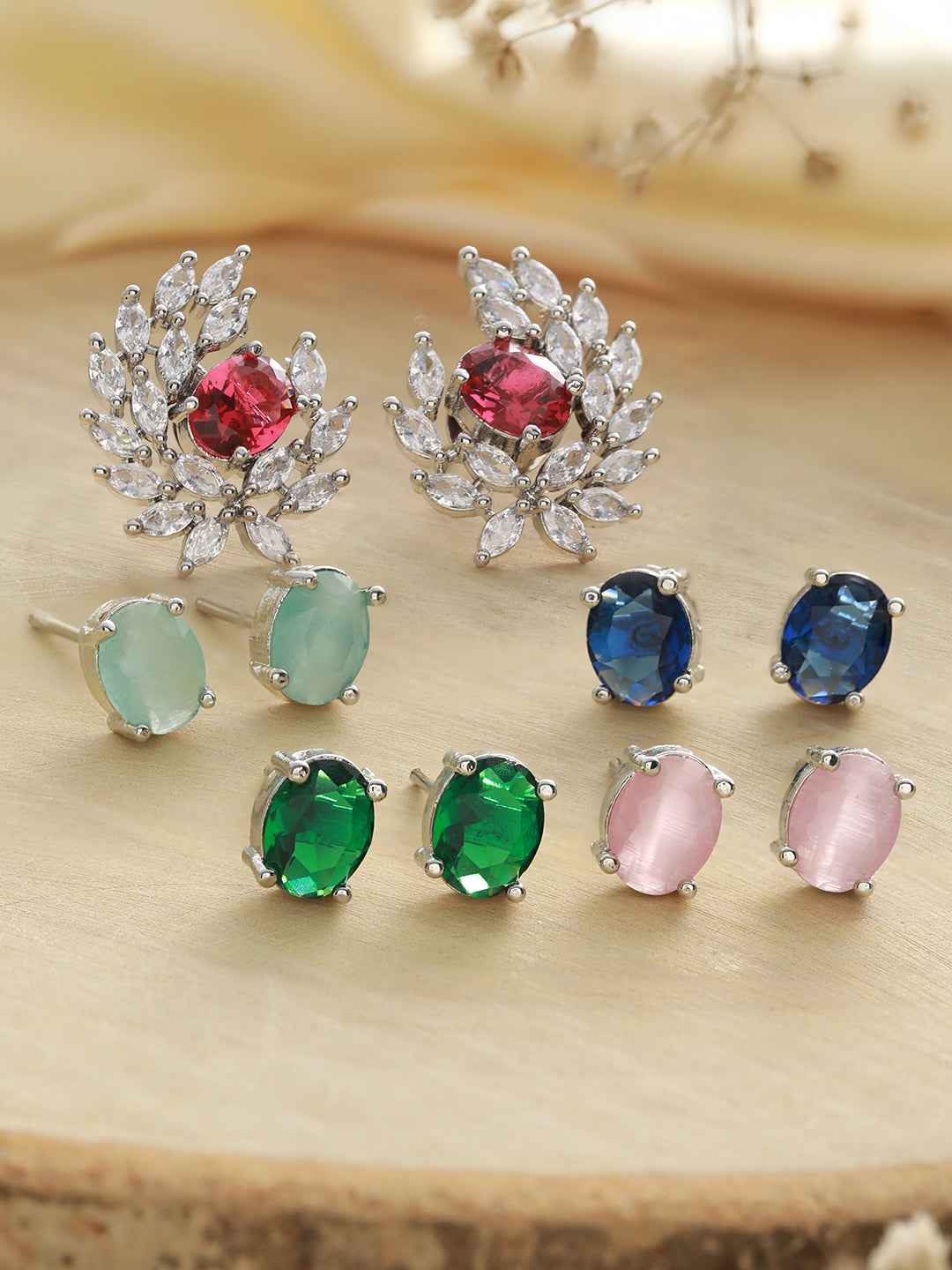Multicolor Solitaire Leaf Silver-Plated Stud Earring Set of 5
