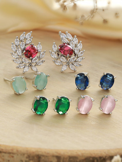 Multicolor Solitaire Leaf Silver-Plated Stud Earring Set of 5