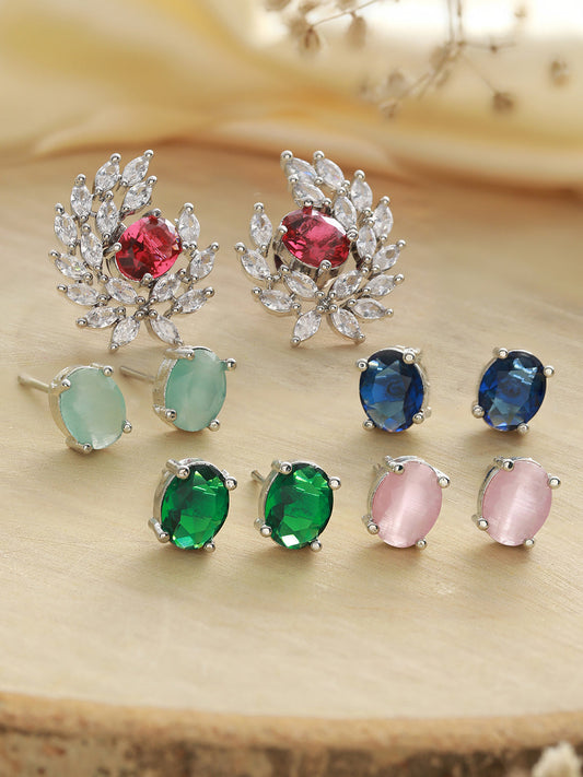 Multicolor Solitaire Leaf Silver-Plated Stud Earring Set of 5
