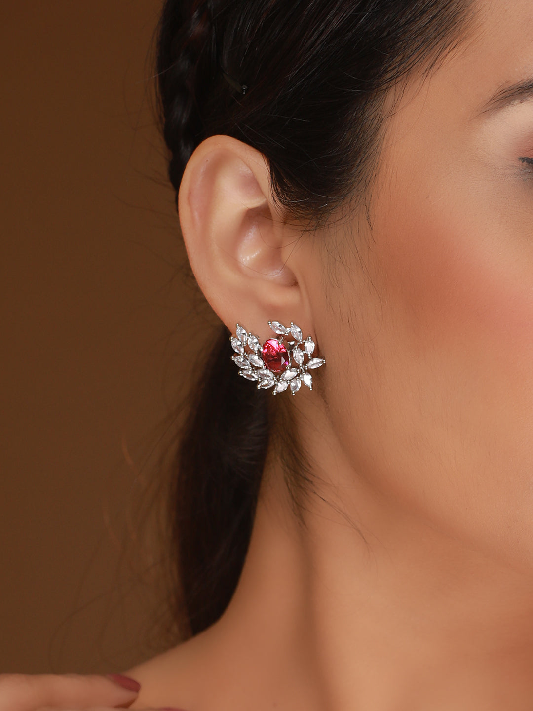 Multicolor Solitaire Leaf Silver-Plated Stud Earring Set of 5