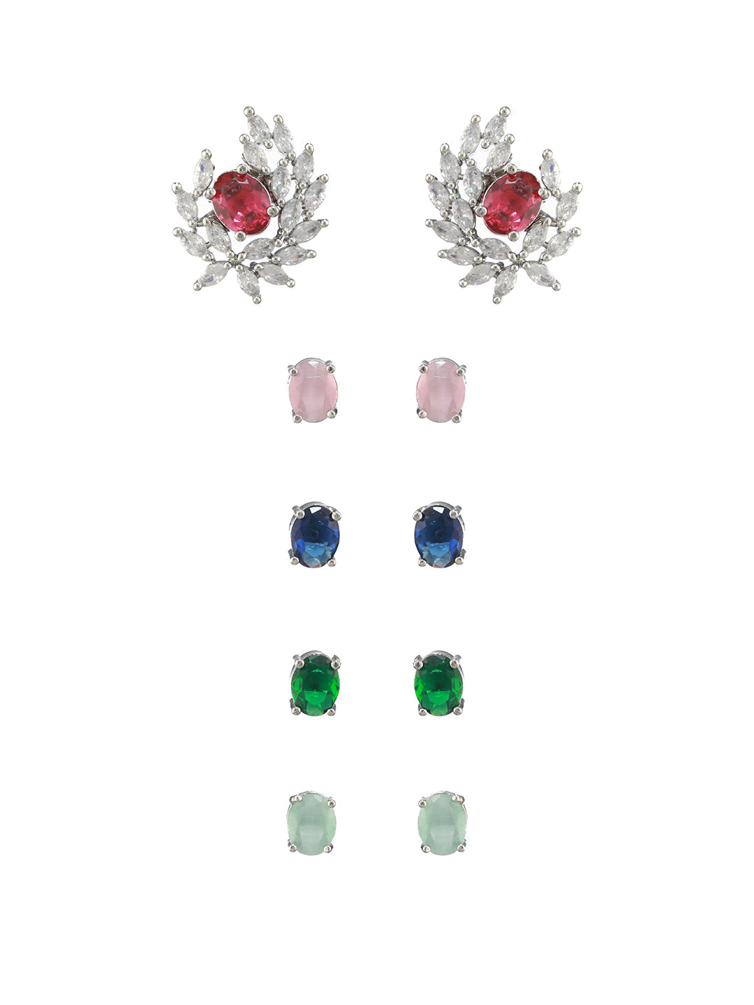 Multicolor Solitaire Leaf Silver-Plated Stud Earring Set of 5